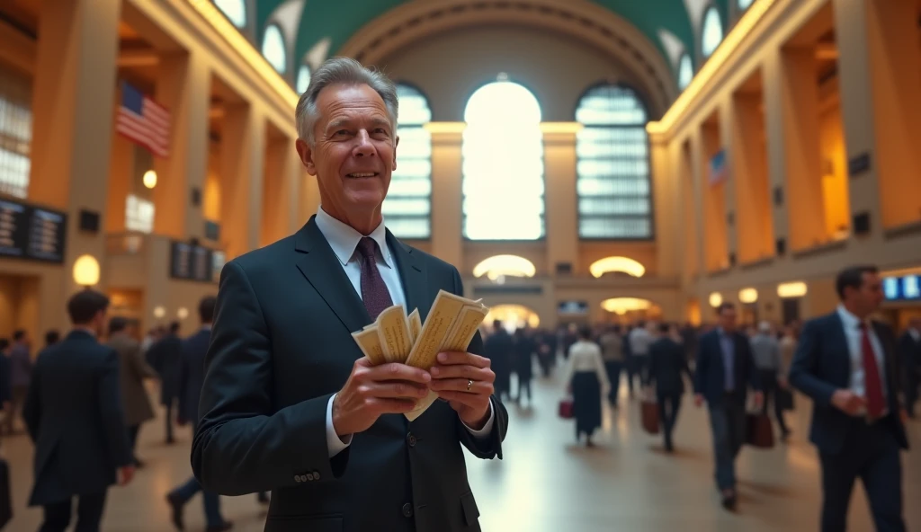 Train stations and man with tickets in hand
