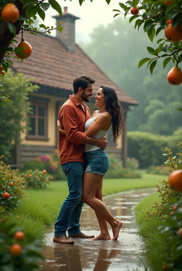 um casal, wet, playing in the heavy rain in front of his house in the countryside. The couple is happy. There are fruit plants around the house.
