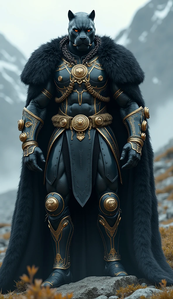 viking black panther, with an armor full of golden gadgets, with long hair and a ponytail, with a coat of fur
