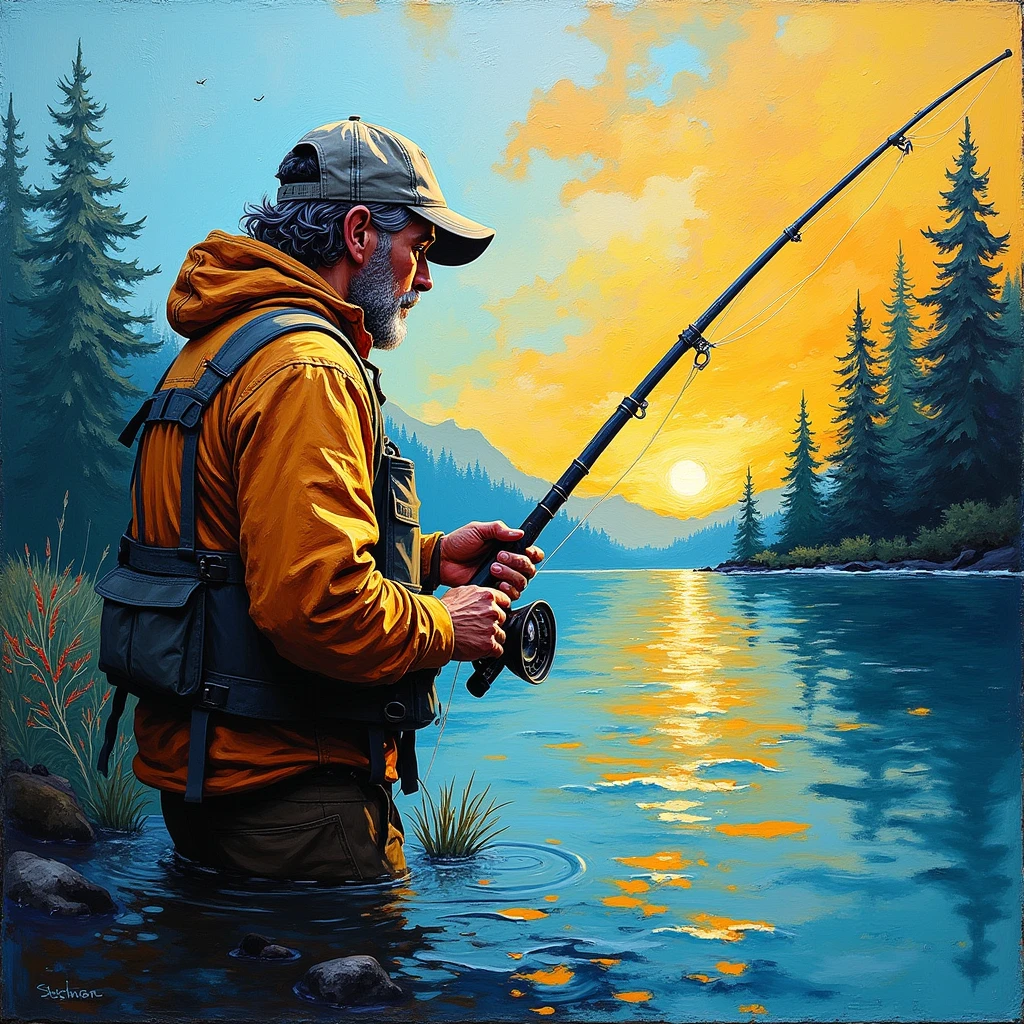 angler Fishing, palette knife painting art style, bold textures, impasto effects, expressive strokes, vibrant colors, dynamic compositions, professional-grade finish, adds depth and dimension, creates tactile quality, immersive texture, contemporary aesthetic, (best quality, masterpiece, photorealistic), very aesthetic, perfect composition, intricate details, ultra-detailed, vivid colors