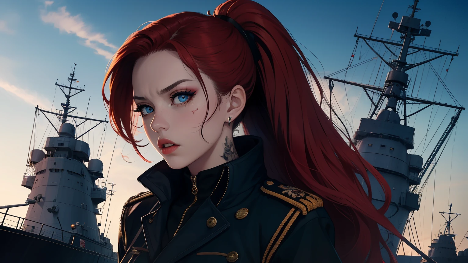 Hot young woman, long red hair, ponytail, admiral's uniform, many nautical tattoos, black make-up, high boots, high quality, best quality, high details, blue eyes, perfect body, old battleship in backround, dangerous face, navy, guns, masterpiece, multilayer, scar on her right eye, angry eyes