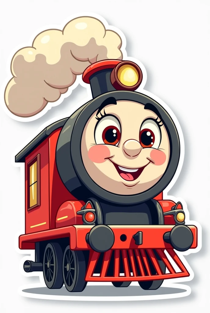 A sticker of a cute cartoon train character, disney style