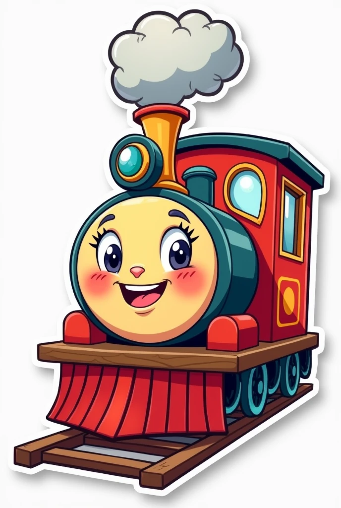 A sticker of a cute cartoon train character, disney style