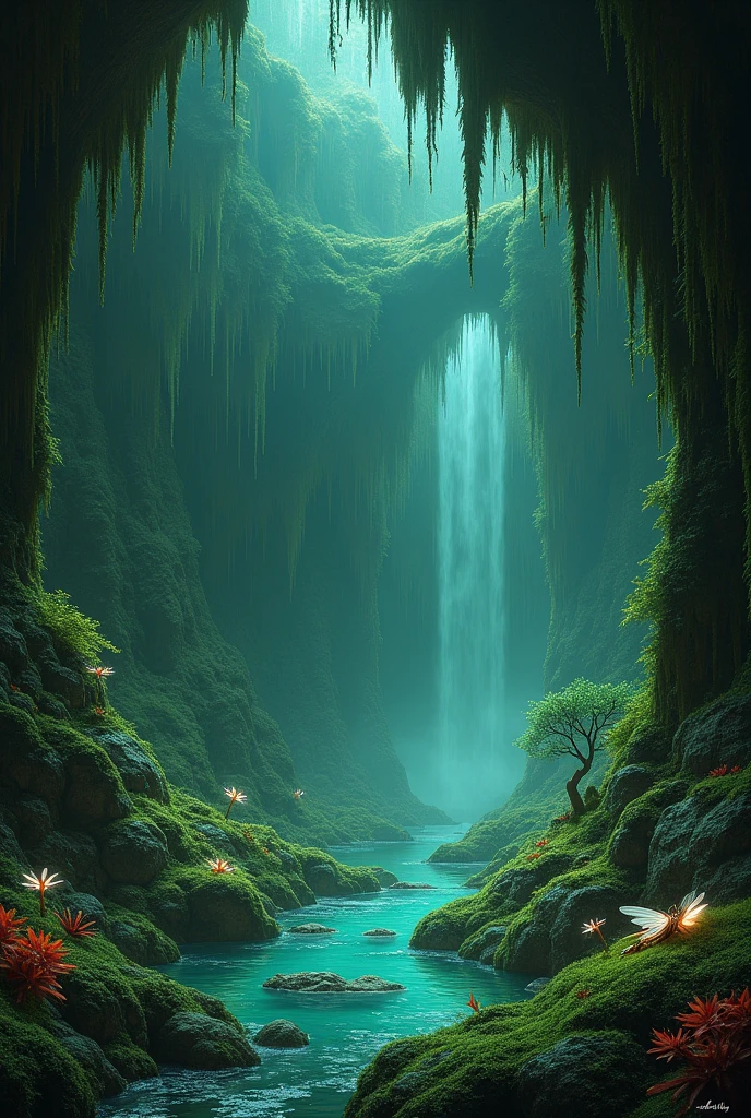 generates a cave background for a fairy tale with green and brown color