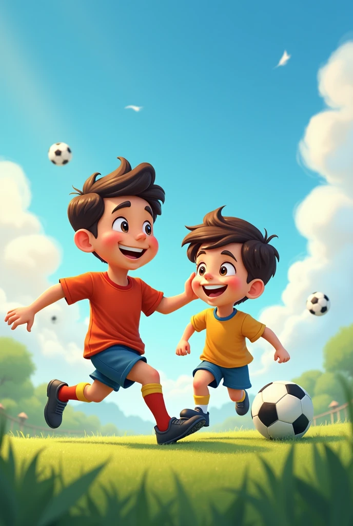 Disney-style poster of a 35-year-old dad with his 10-year-old son happily playing soccer on a pitch
