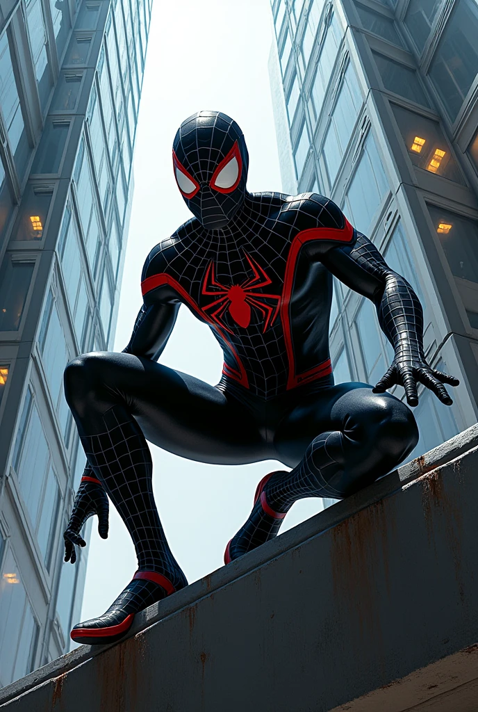 Spider Man in Black in Skyscraper with Red Fone Retro comic style artwork, perfect composition,hyperrealistic,super detailed,high quality,sharp focus,studio photo,intricate details,highly detailed