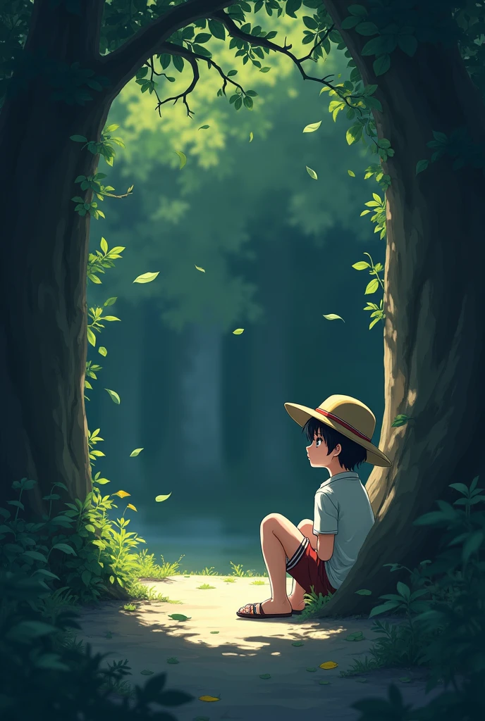 Anime boy chilling the shadows  with a hat outside