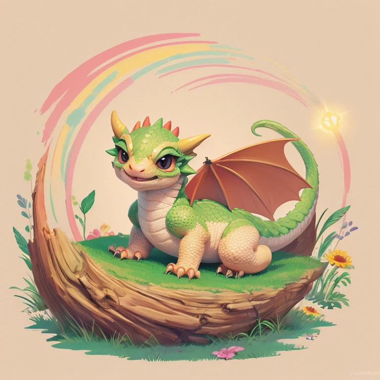 Baby Paint Drawing, Cute little dragon drawn, Cute Baby Dragon, Flat Image, Pastel light colors, calm beige colors, Diffuse Light, fun mood, illustrator style, 2D, 4K