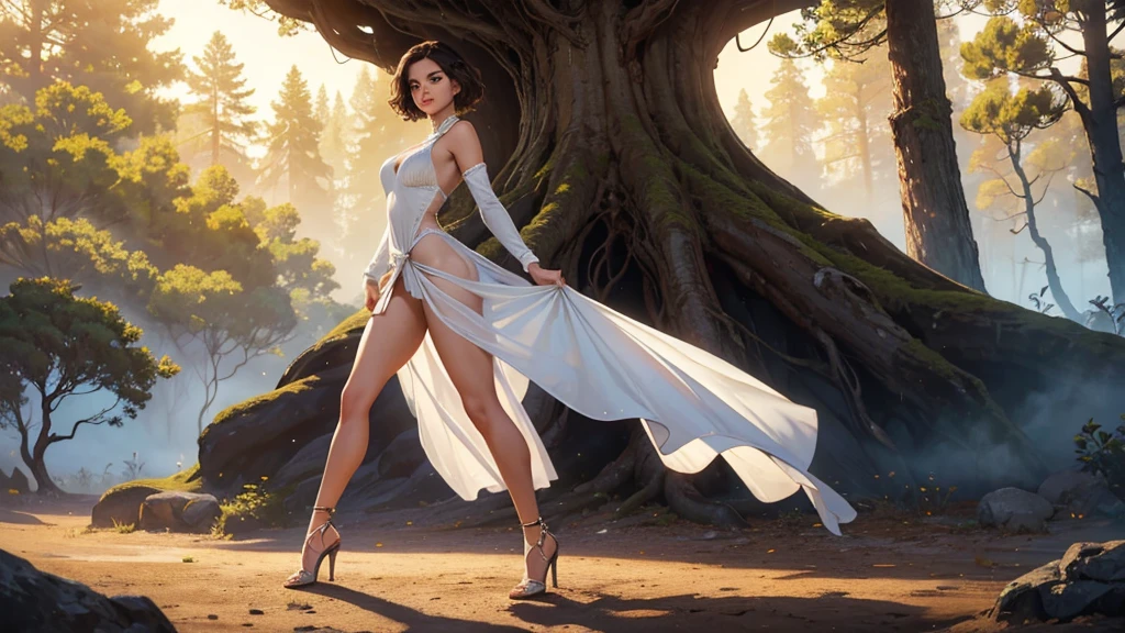 detailed drawing, a cute, slender aerobic instructor, very short brown hair, very short brown hair, brown eyes, dimples, (full body) wearing a lace, white, sheer gown cut low in the front and slit up the sides to her hips, hyper realistic, cinematic lighting, 8k, best quality, masterpiece, photorealistic, vivid colors, depth of field, intricate details, natural skin tones, behind her is epic, magical scenery of huge trees, majestic landscapes, and amazing creature in the air and on the land
