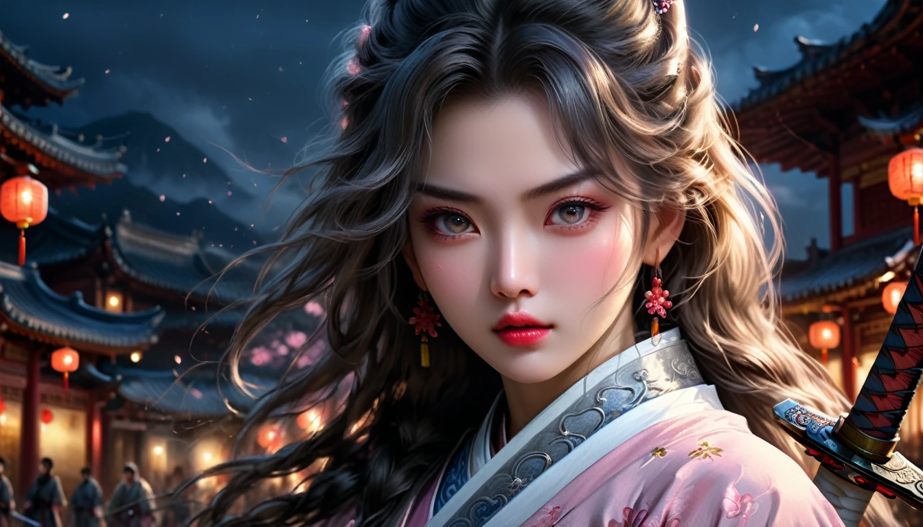 a beautiful woman in ancient china, 1 female, elder sister, royal sister, cold face, light pink lips, gray hitomi, assassin, long sword, fighting, street view, facial details, masterpiece, best, night, full moon, (best quality,4k,8k,highres,masterpiece:1.2),ultra-detailed,(realistic,photorealistic,photo-realistic:1.37),HDR,UHD,studio lighting,ultra-fine painting,sharp focus,physically-based rendering,extreme detail description,professional,vivid colors,bokeh,portraits,fantasy,dramatic lighting,moody,cinematic
