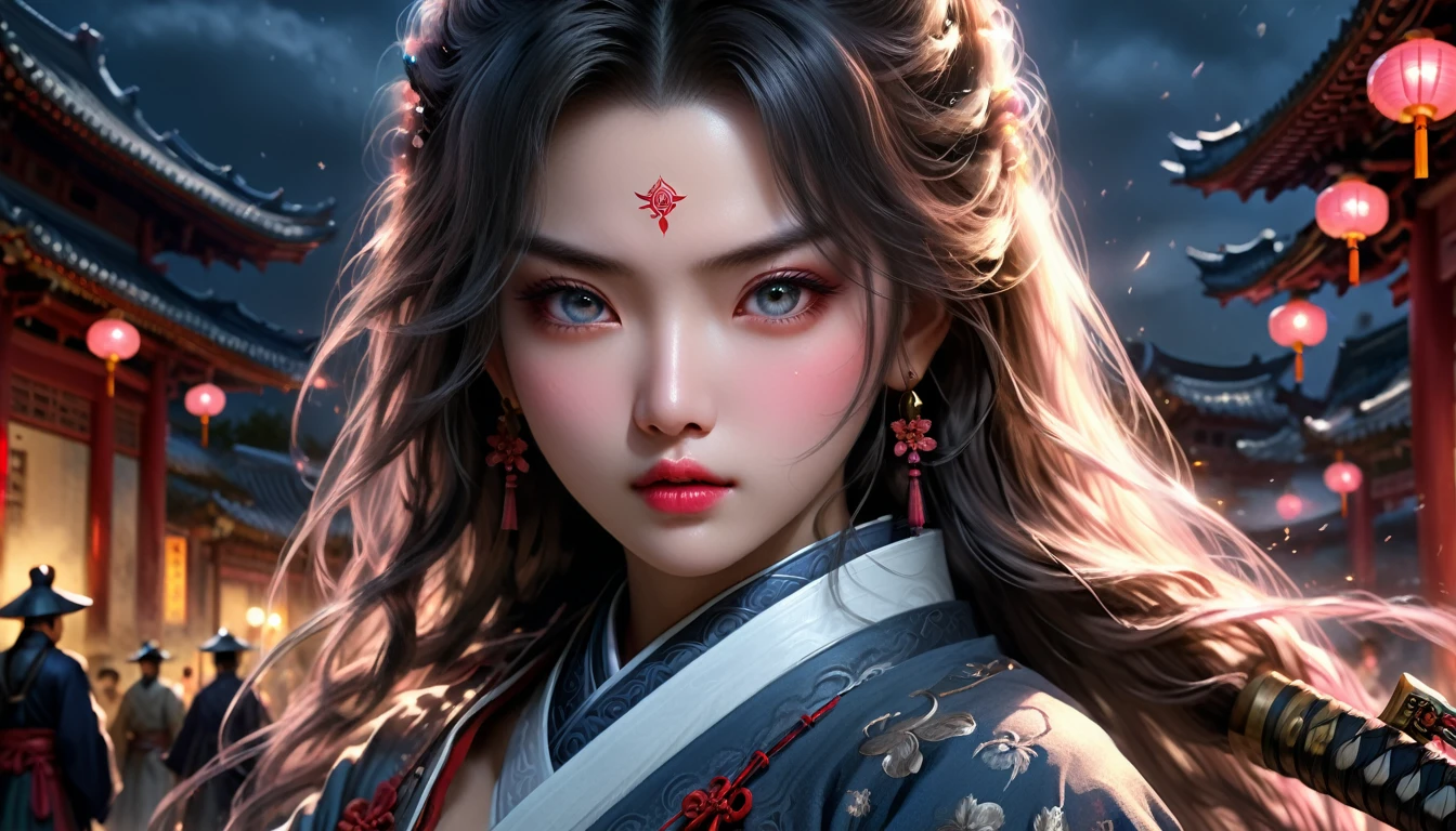 a beautiful woman in ancient china, 1 female, elder sister, royal sister, cold face, light pink lips, gray hitomi, assassin, long sword, fighting, street view, facial details, masterpiece, best, night, full moon, (best quality,4k,8k,highres,masterpiece:1.2),ultra-detailed,(realistic,photorealistic,photo-realistic:1.37),HDR,UHD,studio lighting,ultra-fine painting,sharp focus,physically-based rendering,extreme detail description,professional,vivid colors,bokeh,portraits,fantasy,dramatic lighting,moody,cinematic