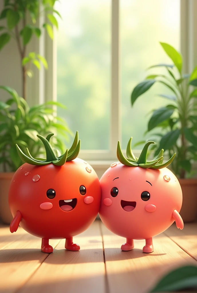 Create an image of two adorable, cartoonish tomato characters, one tomatoand one pink, both with cheerful smiles and tiny arms and legs. They have glossy, semi-transparent surfaces with tiny water droplets, and each has a small leaf on top. The background features a bright and airy indoor setting with green plants and soft natural light, creating a cozy atmosphere. The scene conveys a sense of happiness and friendship, with a gentle bokeh effect in the background.