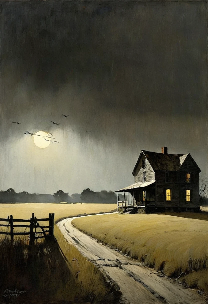 Jeepers Creepers. Andrew Wyeth's art features a muted color palette and dry brush technique that creates a calm animation feel. mystical light and shadows.
