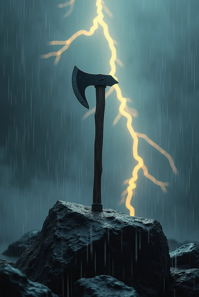 axe on black rock with heavy rain and yellow thunder weather condition