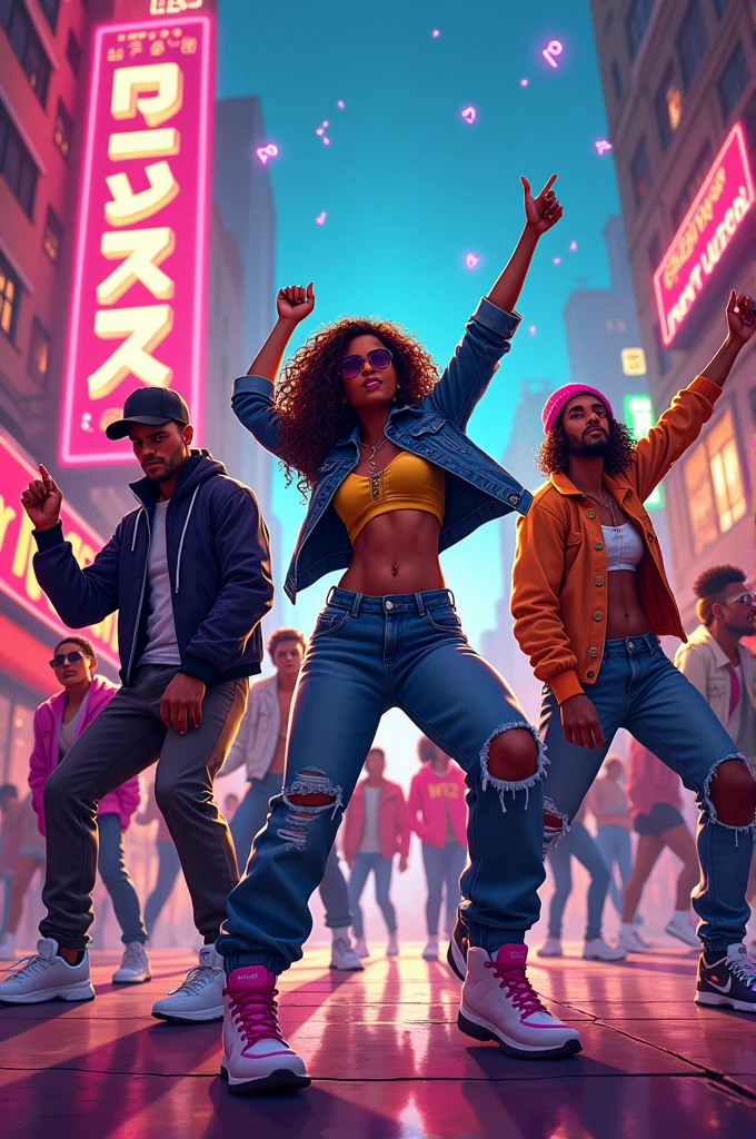 "Vibrant and energetic digital artwork featuring a lively urban dance scene. The background is a dynamic cityscape with neon lights and graffiti. In the foreground, a group of diverse dancers in stylish outfits performs high-energy moves. Add musical notes and colorful sound waves to emphasize the funky beat and rhythm. The overall mood should be upbeat and electrifying, capturing the essence of the vibrant funk music scene."