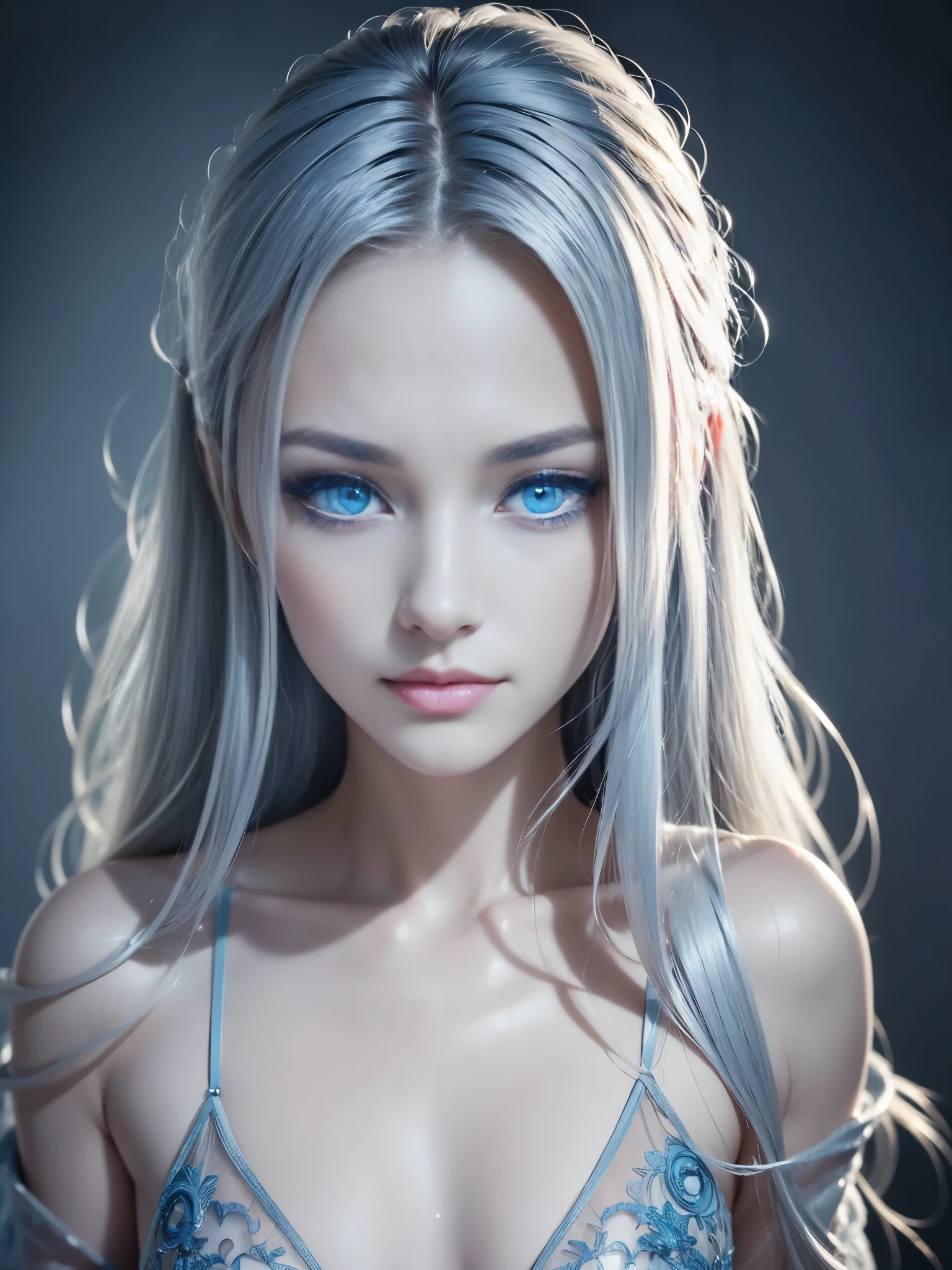 8k, (full body shot:1.2), 20-year-old swedish girl, raw, Beautiful woman, (straight gray hair), (intricate, sheer, transparent, translucent,(no clothes:1.2)), intricate, beautifull face, elegant, highly detailed, digital hyperrealistic photography, hyperrealistic photography filigree, shyness, most beautyfull face, (masterpiece, sidelighting, (finely detailed beautifull blue eyes: 1.2)),