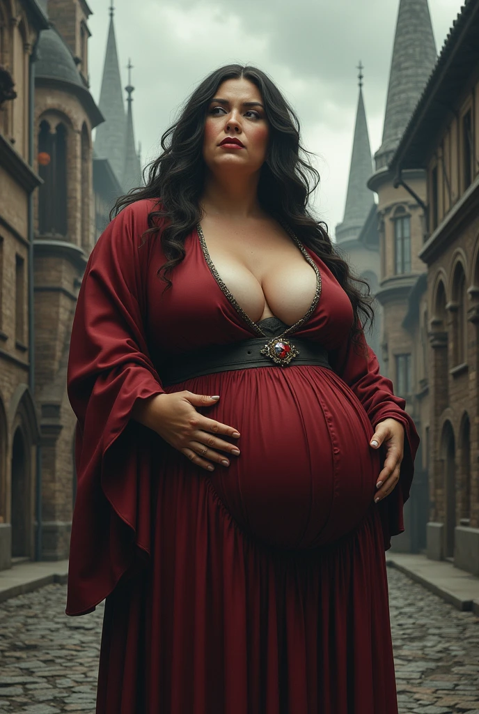 mature female, gigantic breasts, lips, naughty face, medieval city, cloud, motherly, thicc