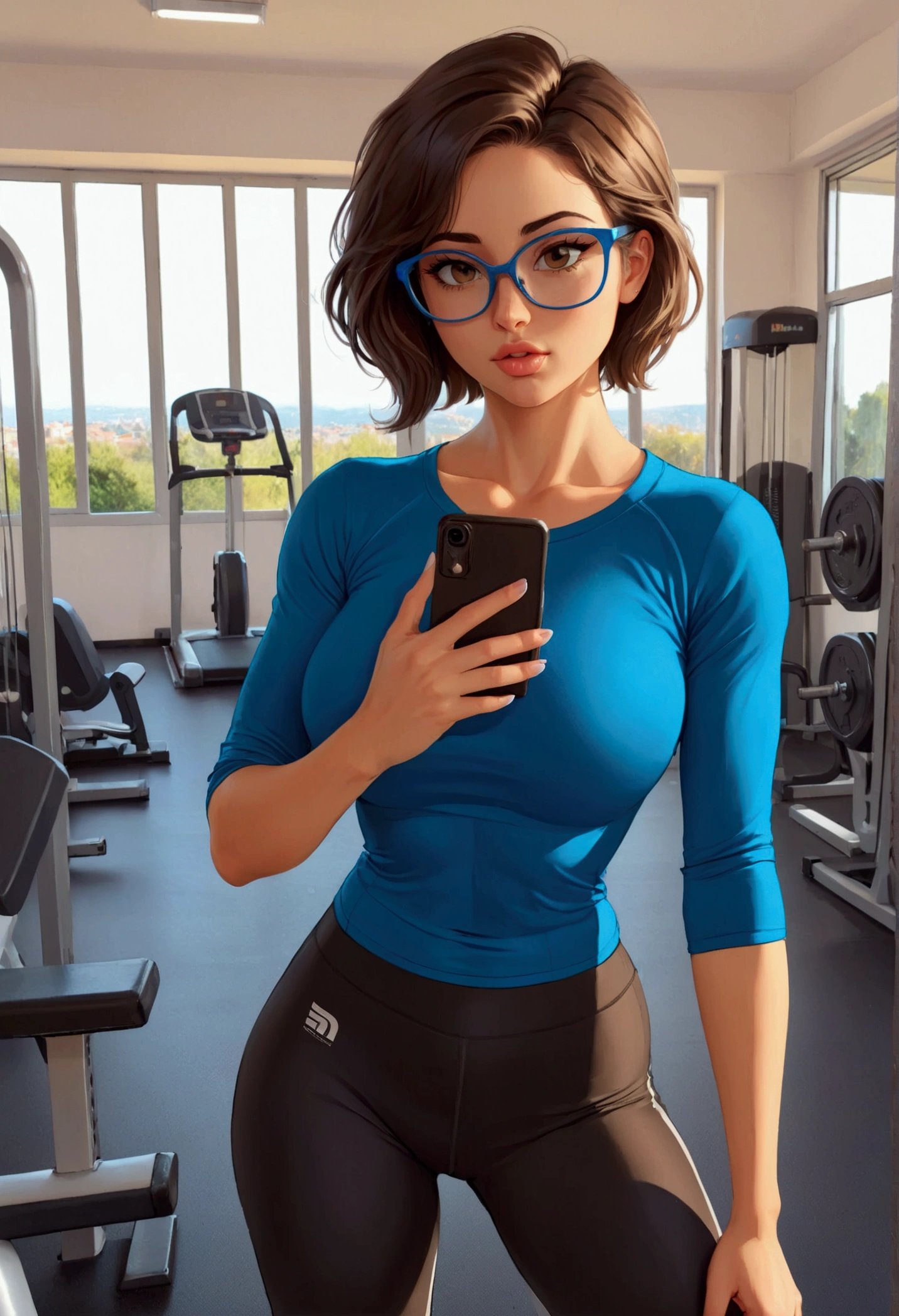 20 years old woman, Short brown hair, Mediterranean with blue eyes, Generous and heavy breasts, slender waist, estomac defini, fesses rebondies et pulpeuses, naturally curved, muscular thighs, aguicheuse, in the gym, tee shirt court, legging, regard sexy, lunettes, Selfie, bites his lips, debout, fingers