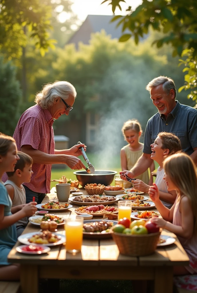 Create images of a family barbecue lunch without technological devices
