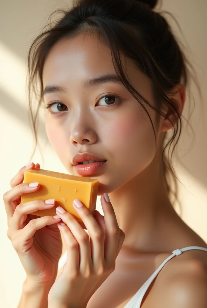 Young girl holding a natural soap near her face, magazine cover, real girl, beautiful, beautiful, muy beautiful