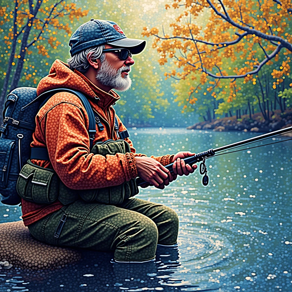 angler Fishing, Pointillism art style, uses dots of color to create images, optical blending creates vibrant and textured surfaces, (best quality, masterpiece, photorealistic), very aesthetic, perfect composition, intricate details, ultra-detailed, vivid colors