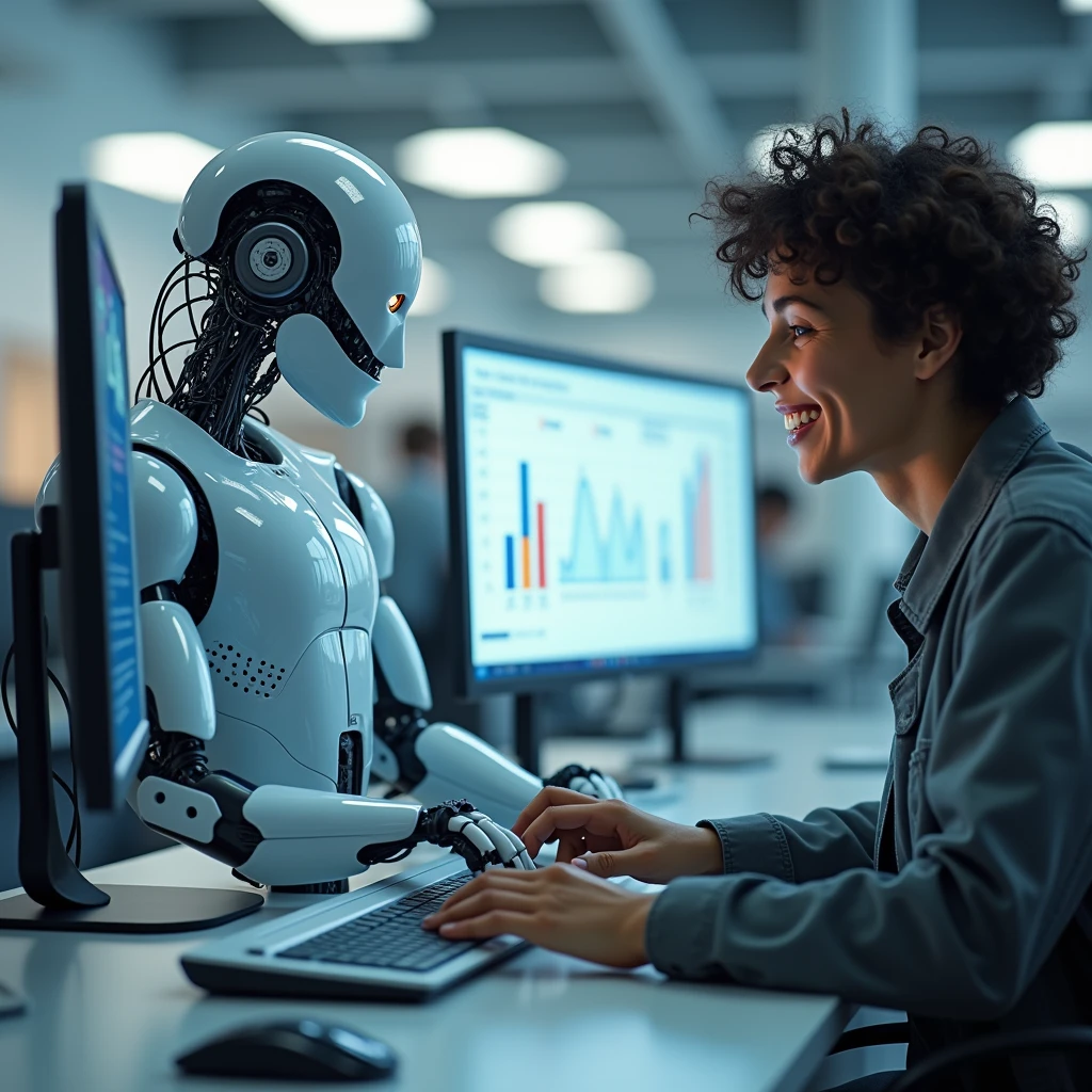 A humanoid robot operating a computer, with the computer screen visible. Beside him, a human, looking happy, also operating a computer. The human's computer screen should show a spreadsheet with graphs. They must be side by side, each with their computer, viewing both screens. The general idea is that the robot only performs keystrokes and the human performs data analysis and makes decisions.