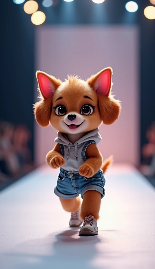 A cute puppy walking on the catwalk, Smiling,Very confident wearing fashionable sportswear with denim shorts,Sneakers on the catwalk,The background is the catwalk.HD camera captures scene images.