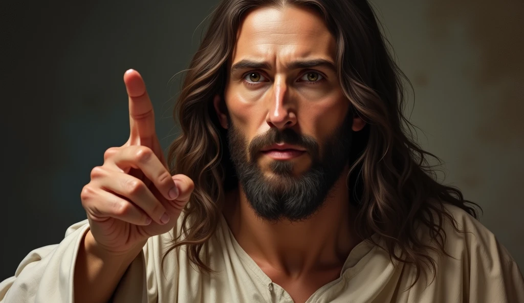 Portrait of Jesus Christ with long hair, pointing with a finger and looking directly at the viewers. Depict Jesus in a serious and reverent manner with a biblical illustration style, ultra HD 16k resolution. Ensure the image reflects Jesus Christ as a majestic and divine figure, with a focus on respect and dignity.