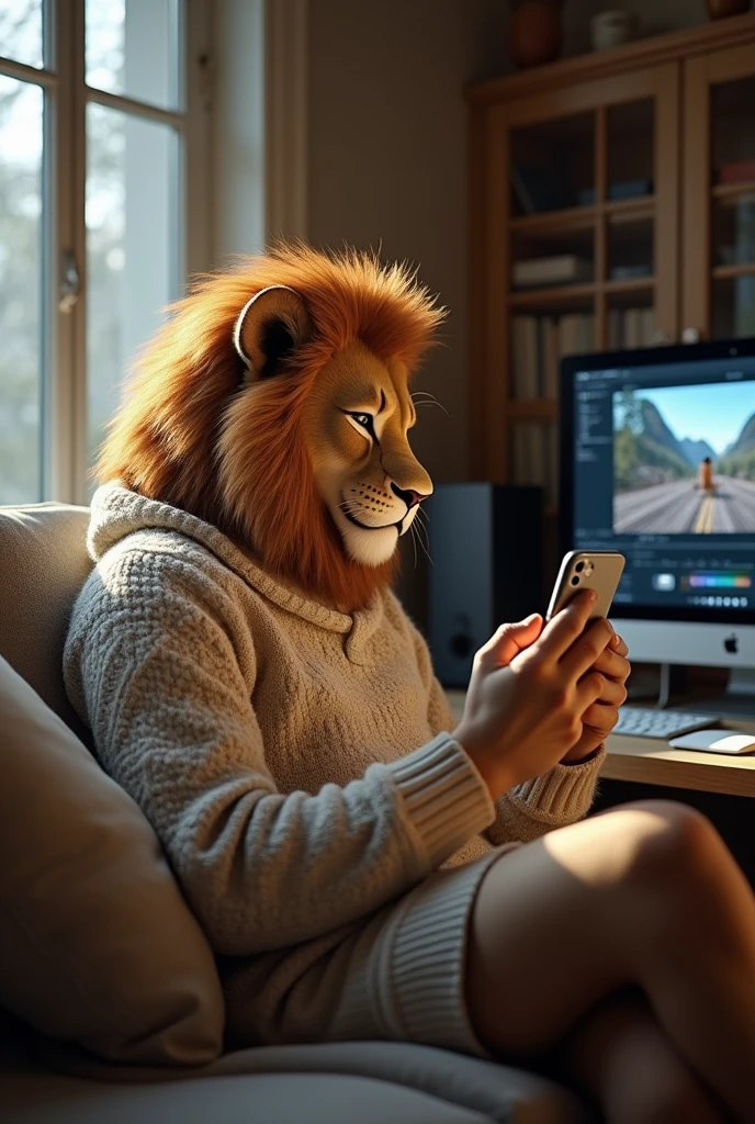 A young human lion dressed in a sweater, sitting on the couch in his house with a phone in his hand editing videos and a computer on the table.