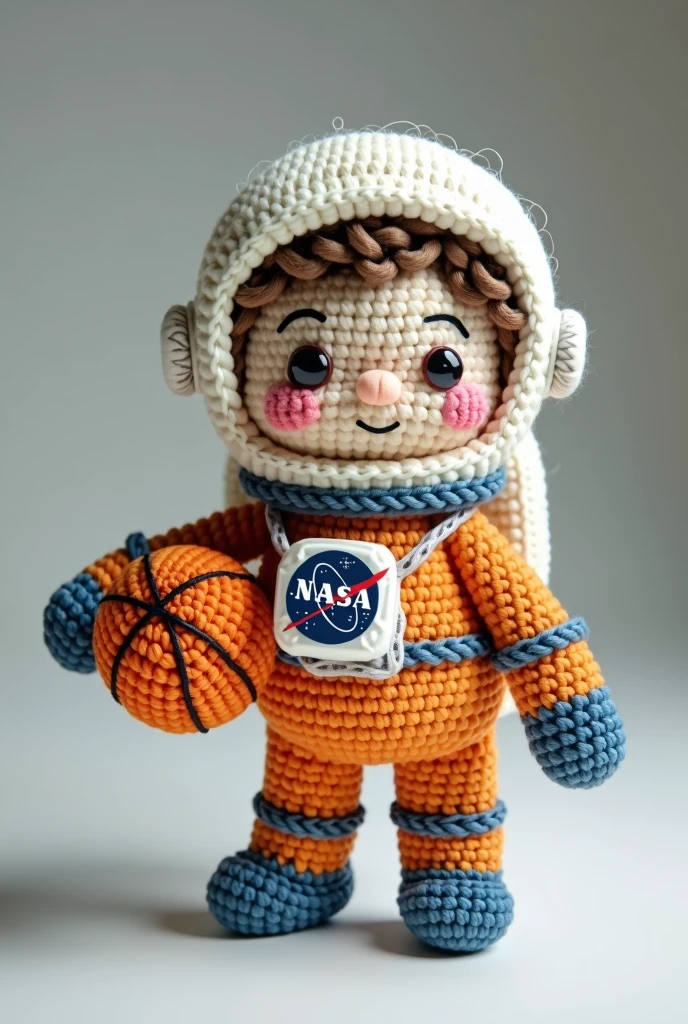 An astronaut with a basketball, in arigurumi format to make


