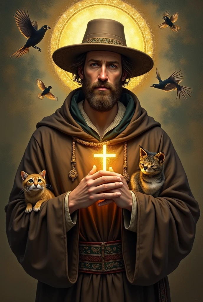 generates an image of Saint. Francis of Assisi remember the top with a Jewish hat with a cross around his neck , an image with several animals and birds around it, a golden halo around her head, his hands folded in prayer with a light coming out of them