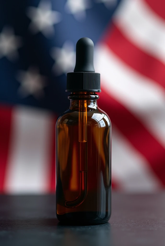A scene where the smoked translucent dropper bottle is in the foreground in super focus and behind it, out of focus, is the United States flag. . This image is to be placed on your Instagram profile