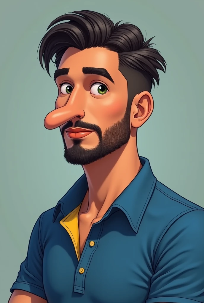 Make a young adult man long nose, short beard, short hair slicked back. he is wearing a blue polo shirt with a yellow collar. Skinny little tippet