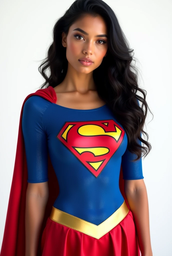 dominican, visible from a white shirt (((masterpiece, highest quality)), yoga white pants, wearing Supergirl costume, 1 girl, (photorealistic: 1.4), solo, white background, black hair, wavy hair, absolute area, skirt, ((full body)), HD, high quality, very detailed, hyper realistic