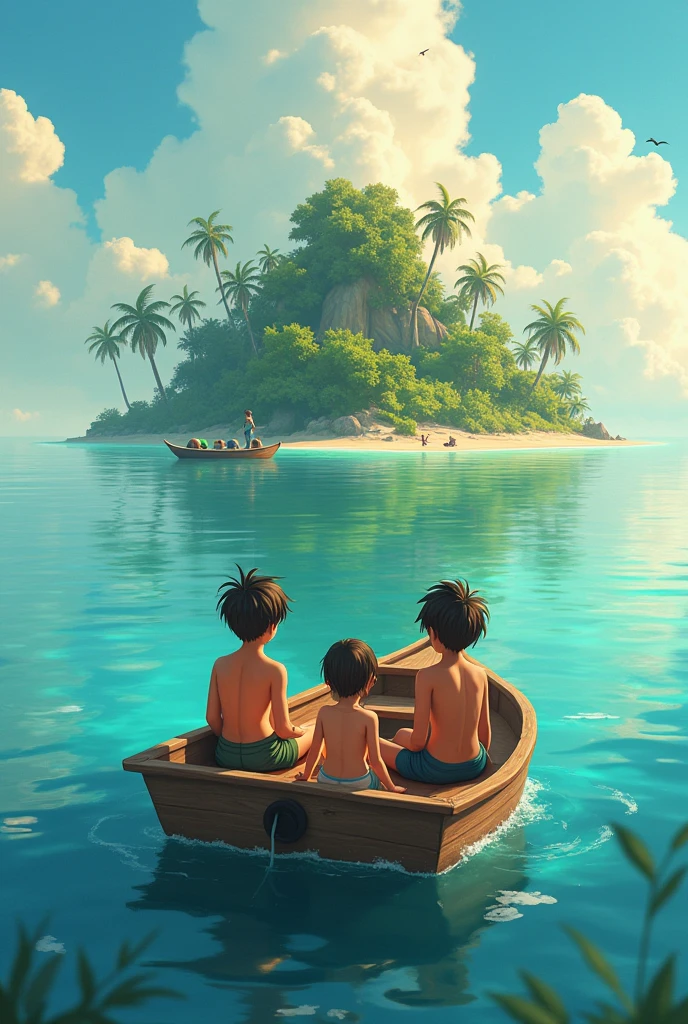 Two boys and a girl in the boat moving away from the island