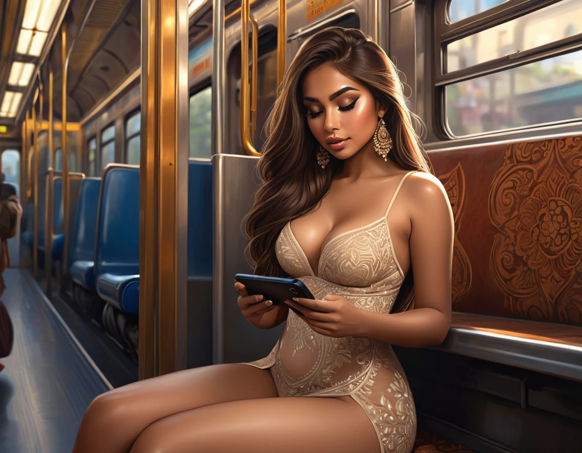 Masterpiece of (nude) perfect most beautiful (Latina|Indian|Filipina|PAWG) woman, sitting in a train, checking her phone, long brown hair, gorgeous eyeshadow, (pubic hair:1.3), wearing nothing, insanely detailed intricate background, perfect hourglass figure, trending on artstation, (dekatron, soft lighting:1.3), henna, zPDXL2