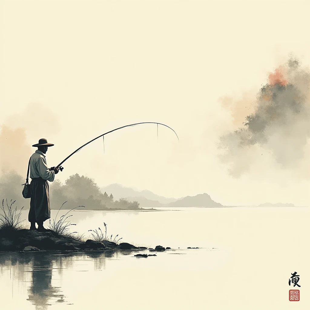 angler Fishing, Sumi-e painting style, traditional Japanese ink wash painting, emphasizes simplicity and elegance, expressive brushwork, captures the essence of the subject with minimal strokes, meditative and reflective, (best quality, masterpiece, photorealistic), very aesthetic, perfect composition, intricate details, ultra-detailed, vivid colors