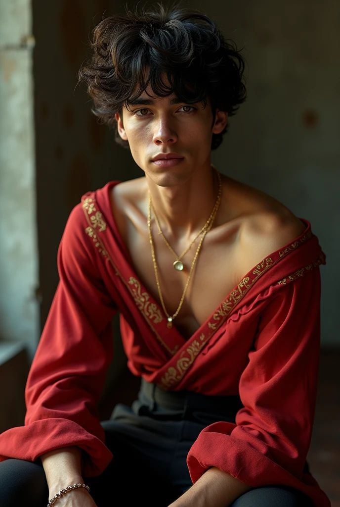 Dark brown hair is fluffy and curly, amber colored eyes, A tanned young man, shaved face, red off-shoulder blouse with wide sleeves and gold patterns, tight pants, стилистика dark fantasy. gold jewelry, rings, glasses with dark lenses,