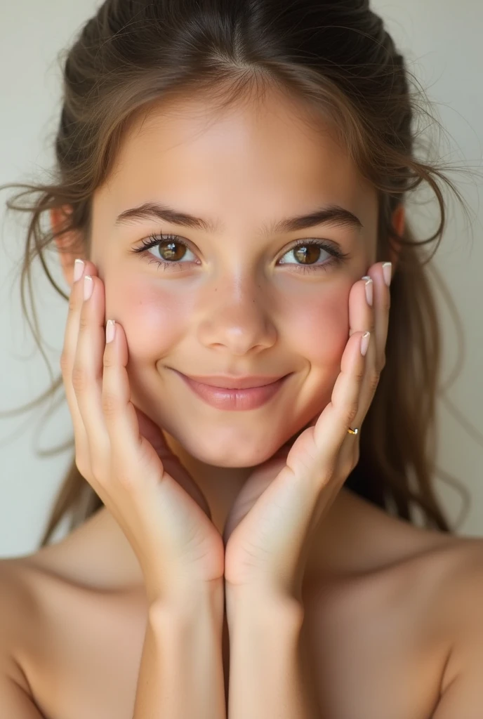 Young girl holding a natural soap near her face, magazine cover, real girl, beautiful, beautiful, muy beautiful