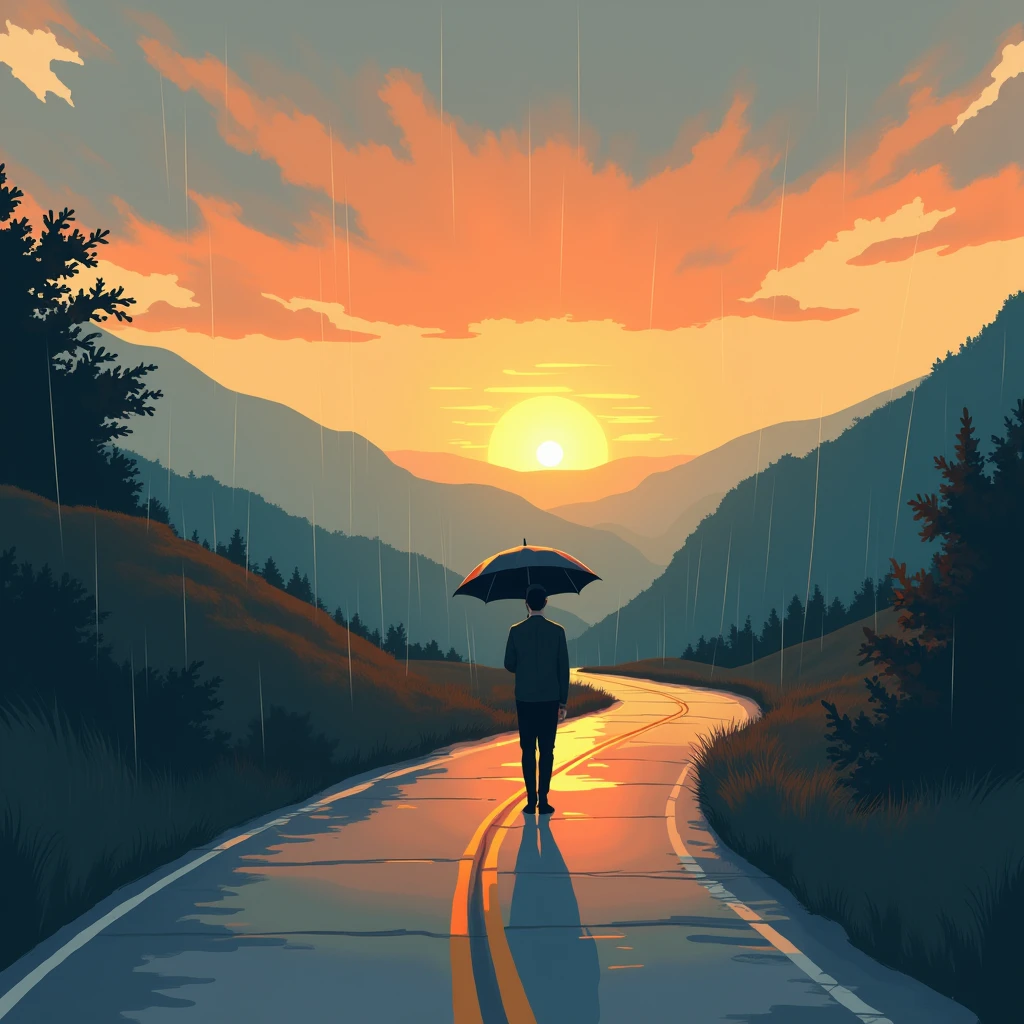 2d style , shadow , landscape , a man walking on a road, hold an the umbrella is in the closed state, The sunset sky just after the rain stopped