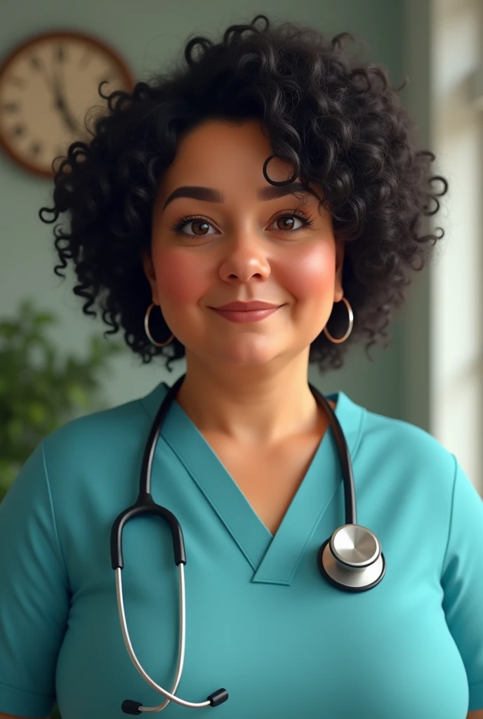 Kind plump middle aged Spanish woman with big curly black hair and big brown eyes wearing aqua blue doctors scrubs and a stethoscope