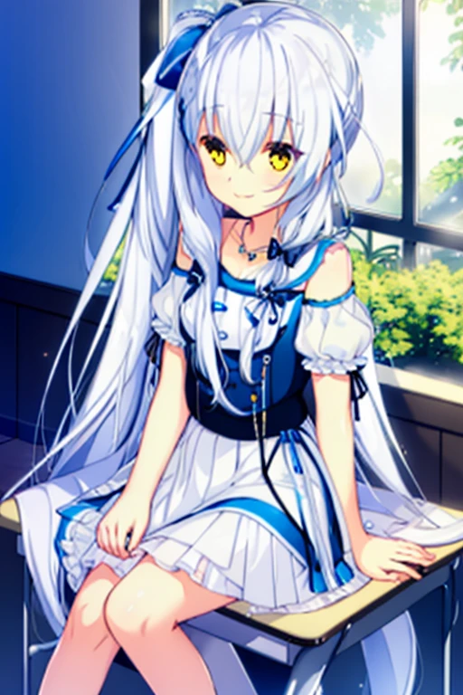 ((masterpiece)),(( best quality)),1 Girl,Solitary,Long hair,Side Ponytail,Yellow eyes,skirt,Jewelry,necklace,White hair,Looking at the audience,Ribbon,hair Ribbon,white skirt,blue Ribbon,Hair between the eyes,bow,Upper Body,Bare shoulders,hair bow,Ruffles,Short sleeve,Bangs,Show your legs,Wearing white below the knee,In the classroom,Sitting at the table,Smile