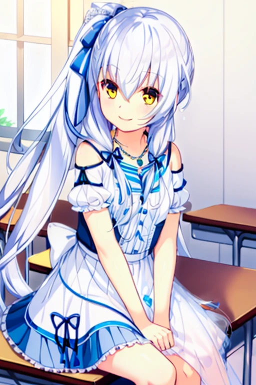 ((masterpiece)),(( best quality)),1 Girl,Solitary,Long hair,Side Ponytail,Yellow eyes,skirt,Jewelry,necklace,White hair,Looking at the audience,Ribbon,hair Ribbon,white skirt,blue Ribbon,Hair between the eyes,bow,Upper Body,Bare shoulders,hair bow,Ruffles,Short sleeve,Bangs,Show your legs,Wearing white below the knee,In the classroom,Sitting at the table,Smile