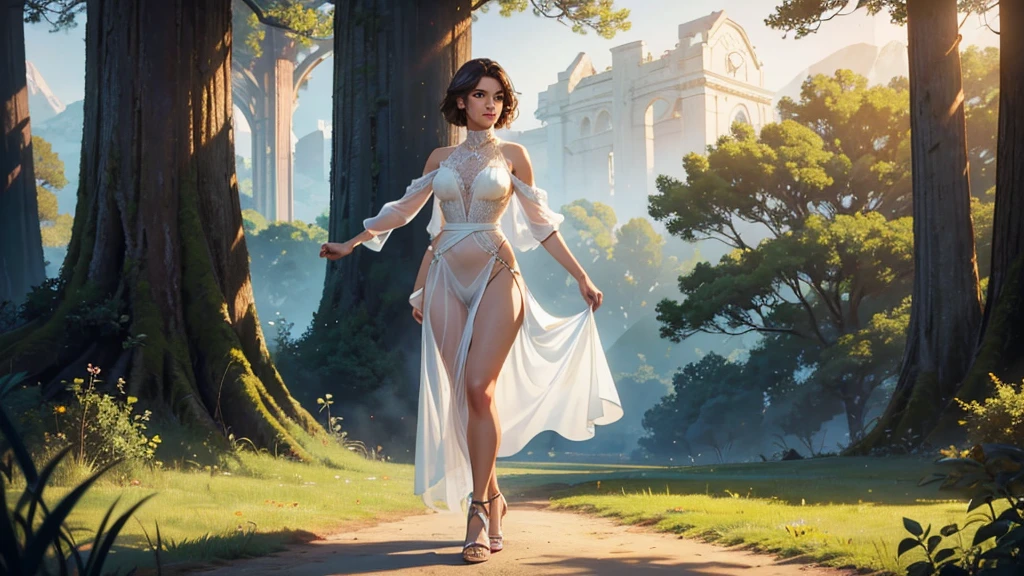 detailed drawing, a cute, slender aerobic instructor, very short brown hair, very short brown hair, brown eyes, dimples, (full body) wearing a lace, white, sheer gown cut low in the front and slit up the sides to her hips, hyper realistic, cinematic lighting, 8k, best quality, masterpiece, photorealistic, vivid colors, depth of field, intricate details, natural skin tones, behind her is epic, magical scenery of huge trees, majestic landscapes, and amazing creature in the air and on the land