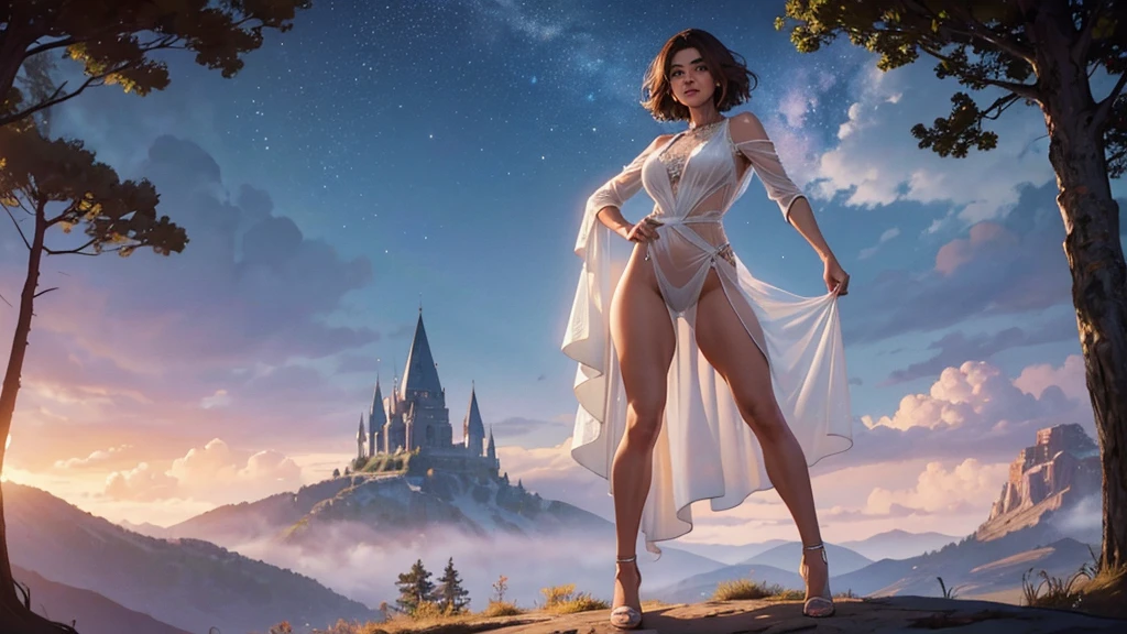 detailed drawing, a cute, slender aerobic instructor, very short brown hair, very short brown hair, brown eyes, dimples, (full body) wearing a lace, white, sheer gown cut low in the front and slit up the sides to her hips, hyper realistic, cinematic lighting, 8k, best quality, masterpiece, photorealistic, vivid colors, depth of field, intricate details, natural skin tones, behind her is epic, magical scenery of huge trees, majestic landscapes, and amazing creature in the air and on the land