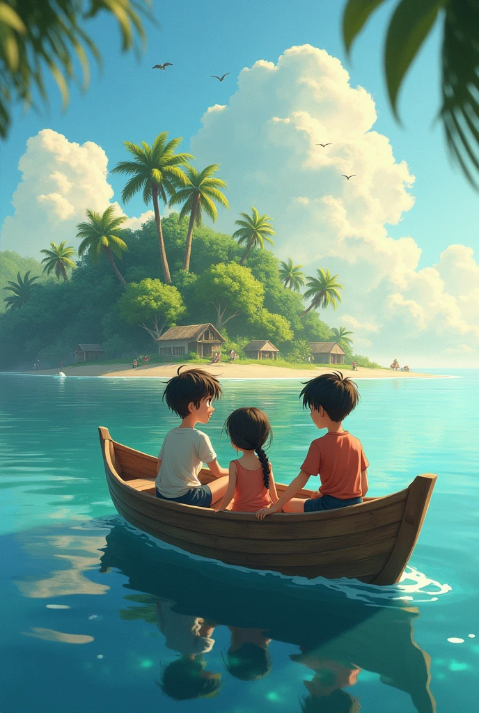 Two boys and a girl in the boat moving away from the island