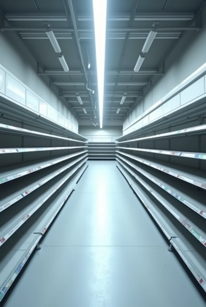 Create an image of empty 3-row stands in a supermarket