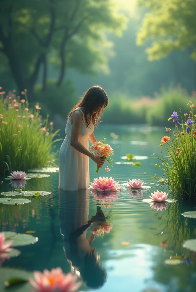 A is picking flowers from a pond