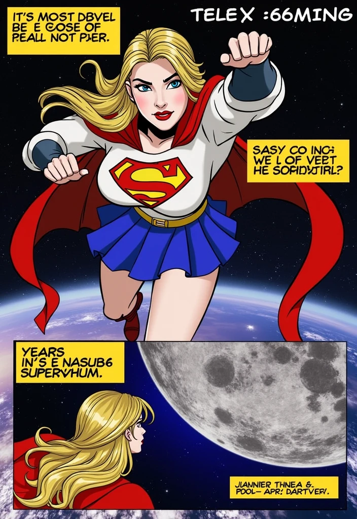 supergirl is flying in the universe, in another frame she is looking at the moon. Pay attention to the background scene, very detailed. (masterpiece, best quality, hires, high resolution: 1.2), (extremely detailed, realistic, intricate details, high resolution), 3d, cg, ((bbw)), glowing skin, blush, eyeliner, ((giant breasts, saggy breasts: 1.1)), (cinematic lighting, sunlight, volumetric), body made, ((perfect split lighting)), (((perfect eyes))). (((detailed eyes))), (god yes),,Altamente detalhado, 8K, fotorrealista, Intrincado, hiper-realista, iluminação claro-escuro, tons de cores quentes, obra de arte, arte de artgerm e greg rutkowski