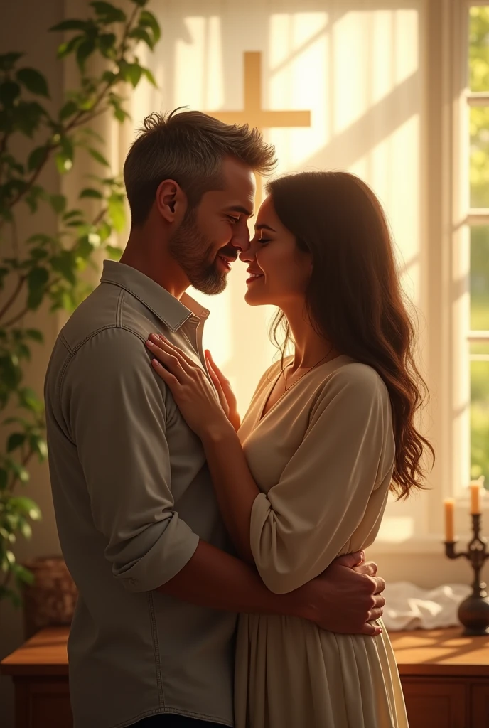 "Create a beautiful and touching scene of a Christian couple embracing each other, as if they are in the process of forgiving one another. The couple should be depicted with expressions of warmth, reconciliation, and relief. They should be in a serene setting, such as a sunlit garden or a peaceful indoor space with soft, natural light. Include Christian elements to highlight their faith, such as a cross or a subtle Bible placed in the background, perhaps on a nearby table or wall. The scene should exude a sense of peace and love, with the couple’s embrace symbolizing their renewed bond and the healing power of forgiveness. Use gentle lighting and harmonious colors to enhance the emotional and spiritual depth of the moment."